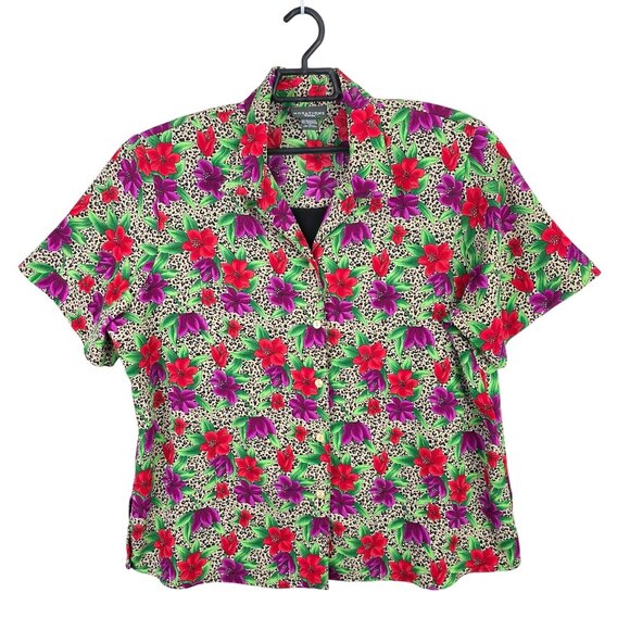 Womens Notations Floral & Leopard Print Blouse Short Sleeve Button-Up Size 1X - Picture 1 of 8